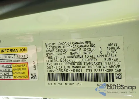 2022 Honda Civic Sport z USA, uszkodzony, nr VIN 2HGFE2F50NH603528